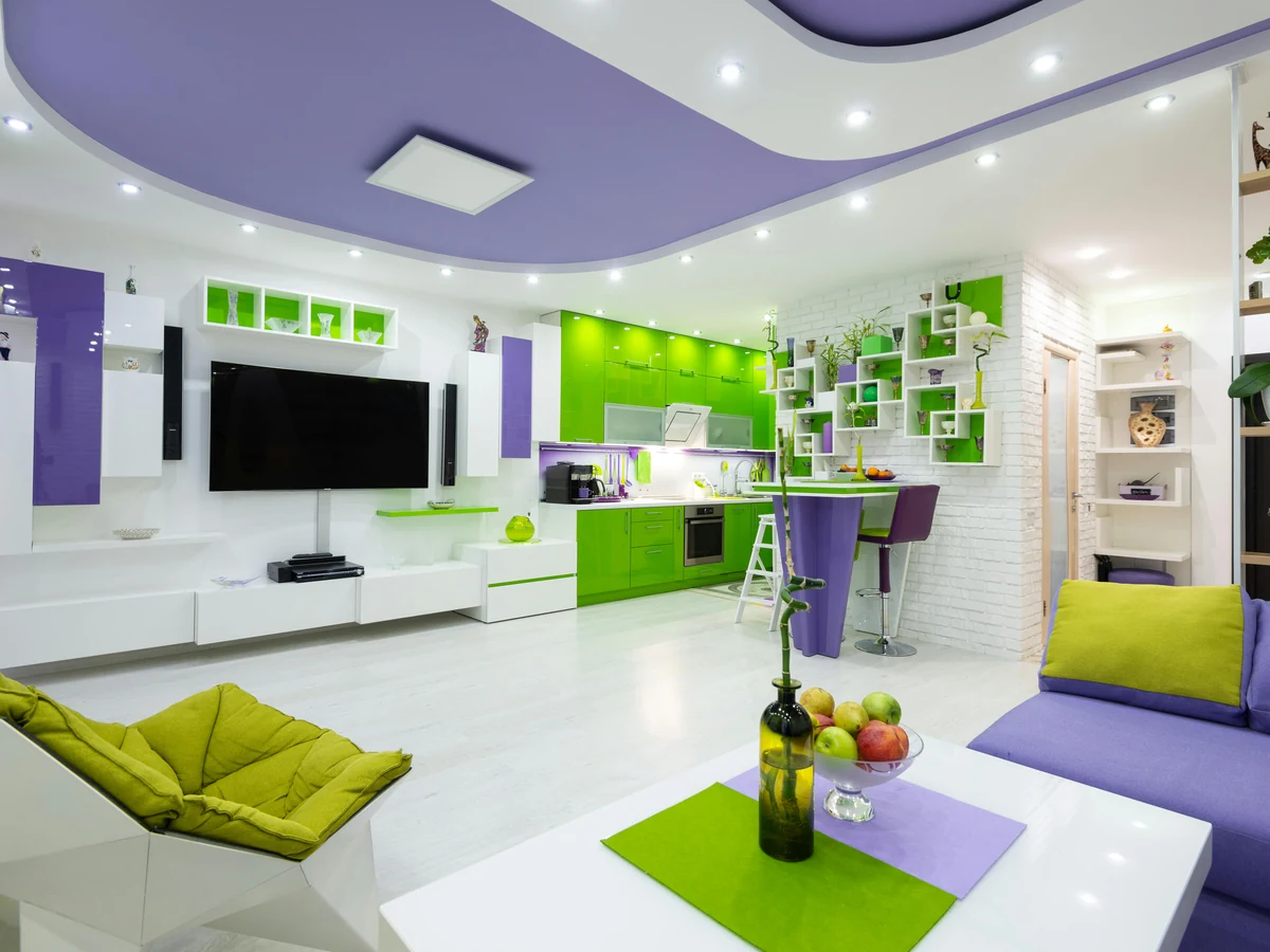 Living Room Painting Vibrant Green Purple by Plymouth Painters in Plymouth